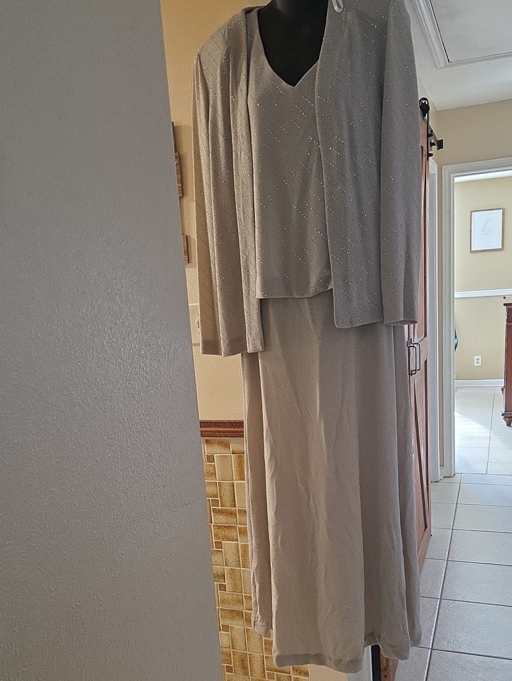 Alex Evenings Taupe Maxi Skirt Set with Sparkle Jacket
